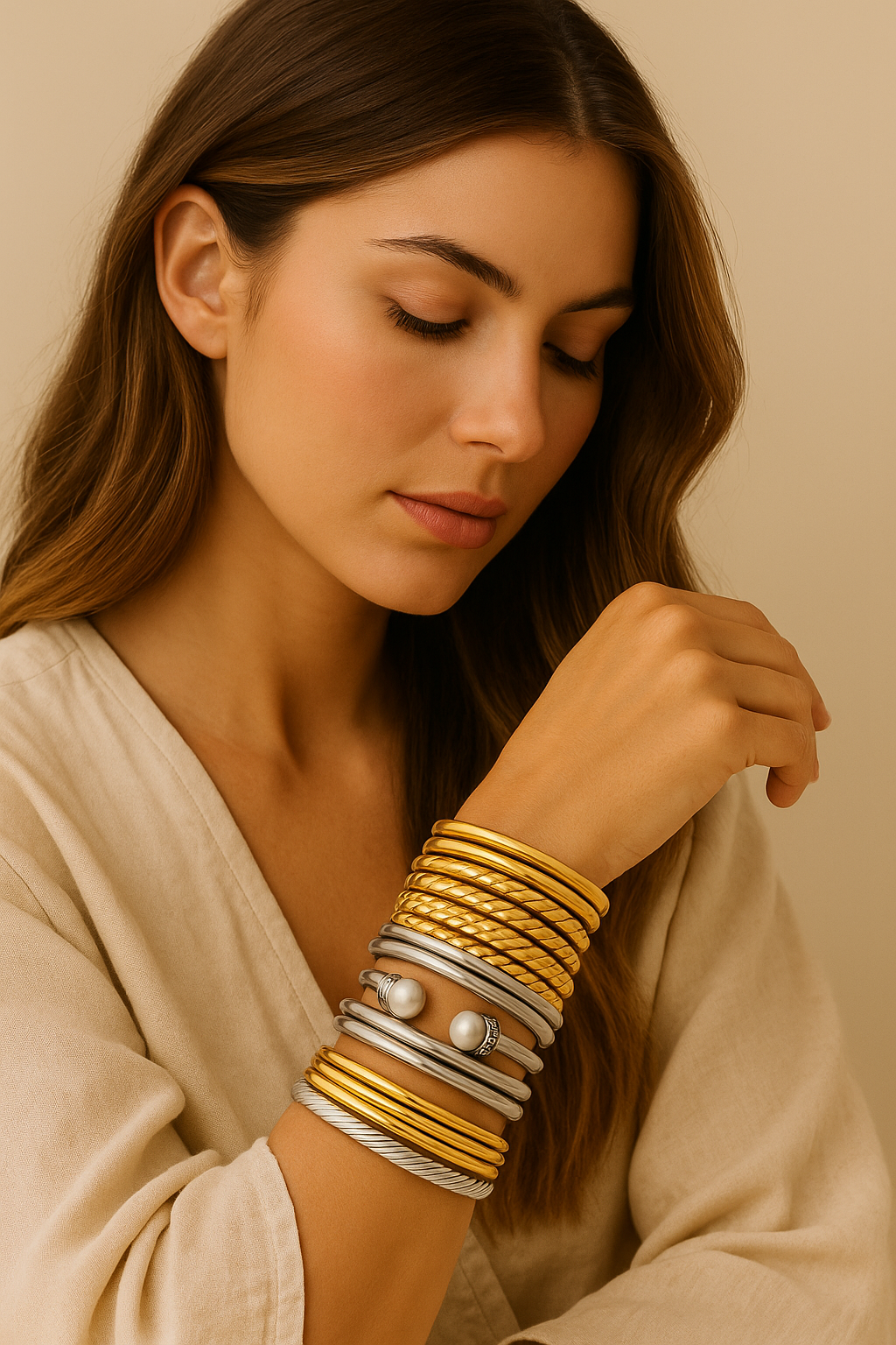 African Set of 4 Silver and Gold Bangle bracelet