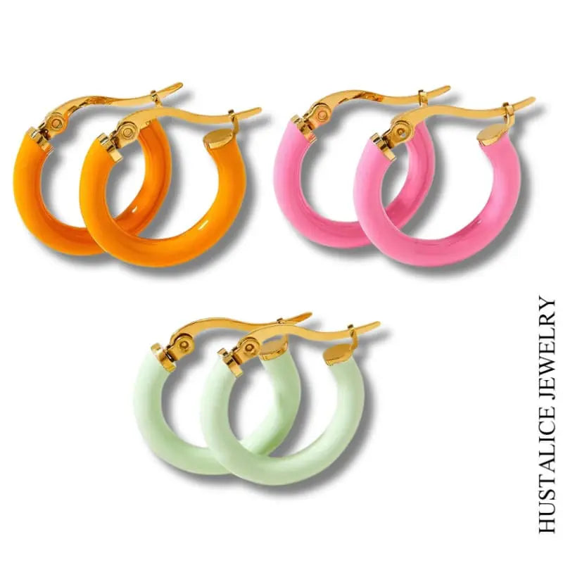 Pink Stainless Steel Earring Color Gold Mini Hoops - HUSTALICE