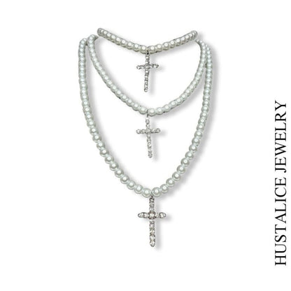 Pearl Cross Chain Necklace Stainless Steel - HUSTALICE 