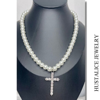 Pearl Cross Chain Necklace Stainless Steel - HUSTALICE 