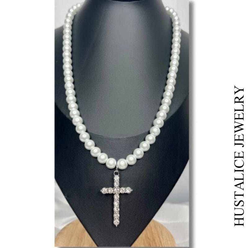 Pearl Cross Chain Necklace Stainless Steel - HUSTALICE 