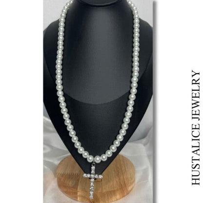 Pearl Cross Chain Necklace Stainless Steel - HUSTALICE 