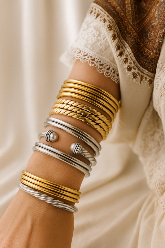 African Set of 4 Silver and Gold Bangle bracelet