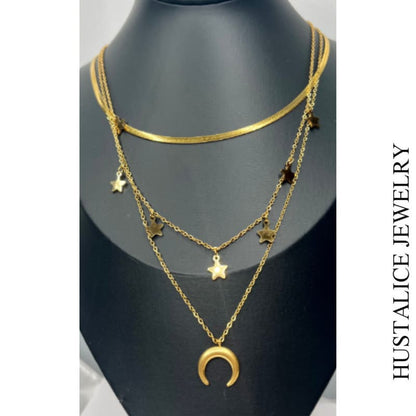 Moon Star Stainless Steel Necklace Color Gold - HUSTALICE 