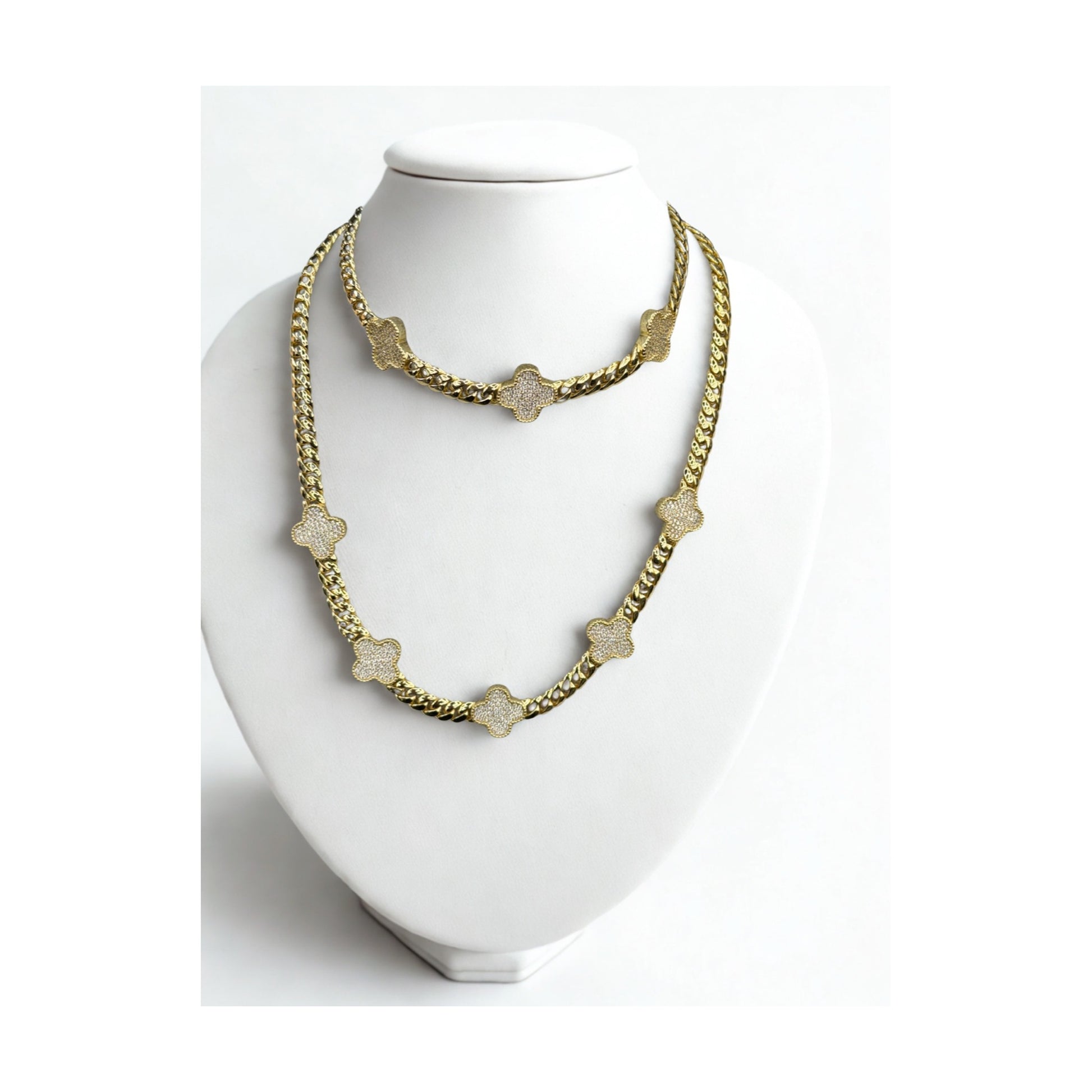 Clover Flower Chain & Anklet Set 925 Sterling Silver Gold Plated